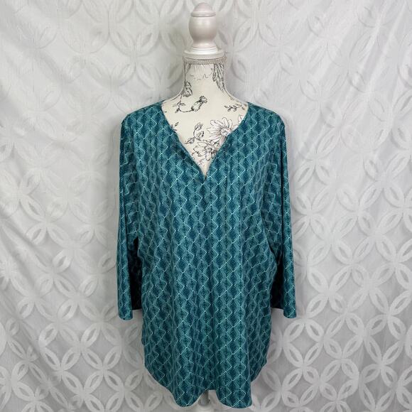 L.L. BEAN Split Neck Pima Cotton Tunic Deep Turquoise Geo Top Size 2X - Picture 10 of 10